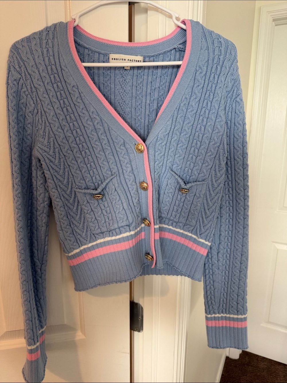 English Factory Powder Blue Cable-Knit Cardigan with Pink Trim